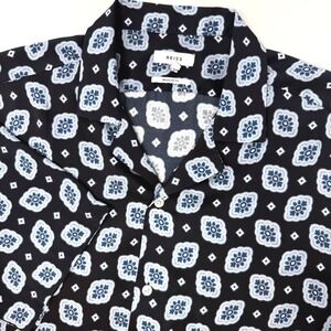 Reiss Mens XXL Navy Blue Geometric Floral Camp Collar Short Sleeve Shirt